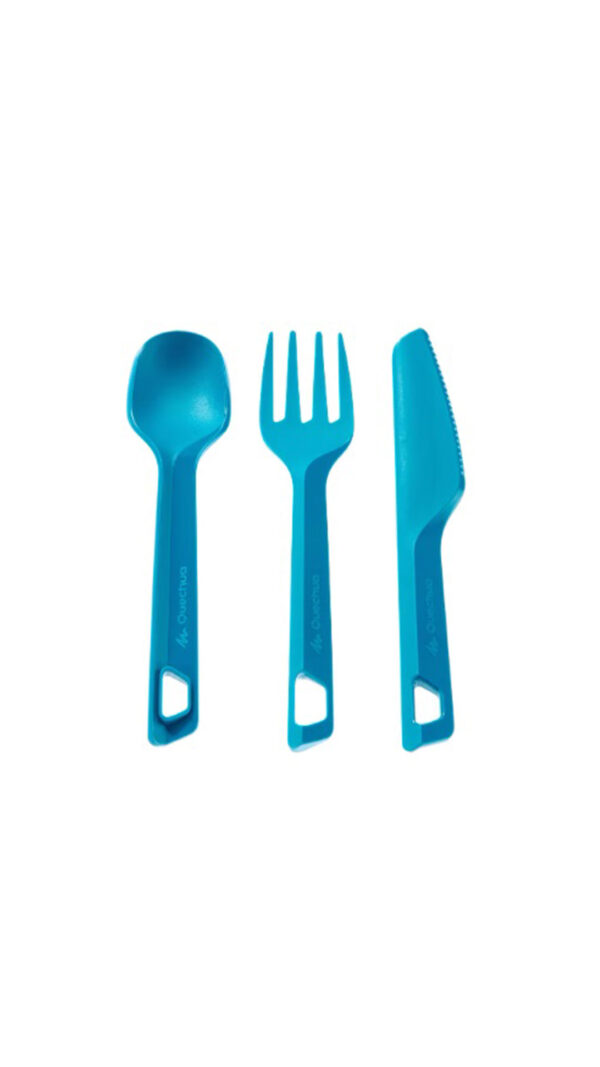 ست قاشق، چنگال،چاقو کوهنوردی، کمپینگ کچوا             -QUECHUA Camping Plastic Tableware Set - Fork/Knife/Spoon - 3 Pieces - Blue - 100